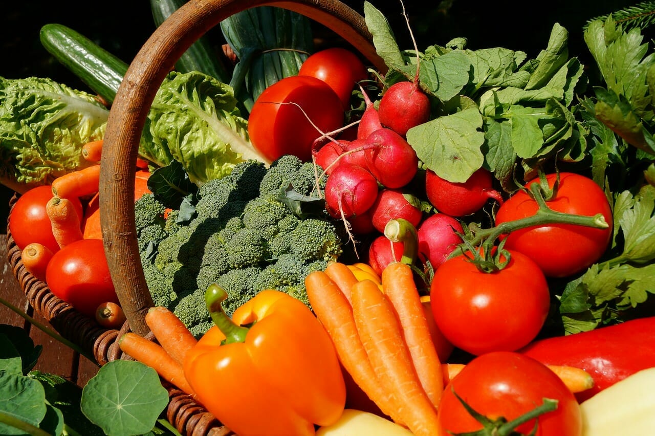picture of vegetables included in vegan diet - carrots, bell peppers, broccoli, tomatoes and more