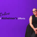 support alzheimers efforts online during the pandemic woman leaning on wall in purple background