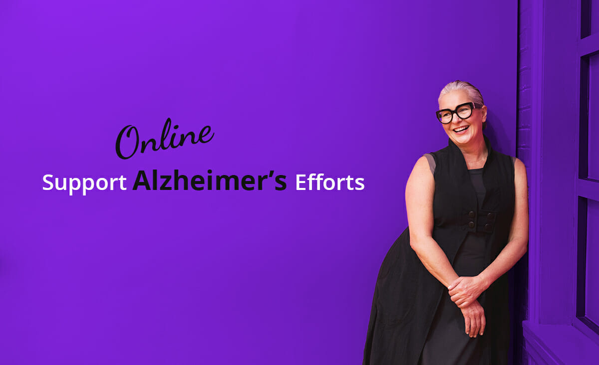 support alzheimers efforts online during the pandemic woman leaning on wall in purple background