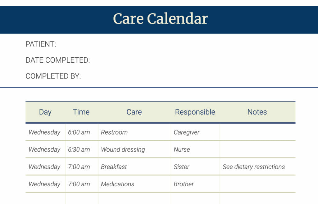 Care Calendar Sample Planner