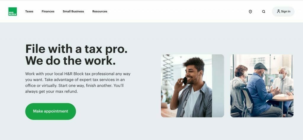 H&R Block tax prep done by a pro webpage