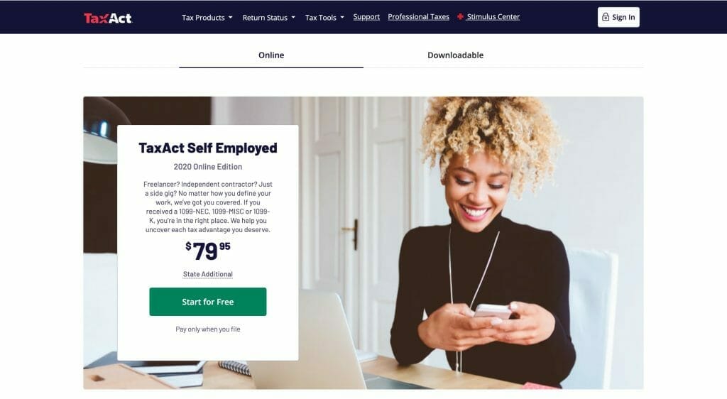 TaxAct self-employed tax prep webpage