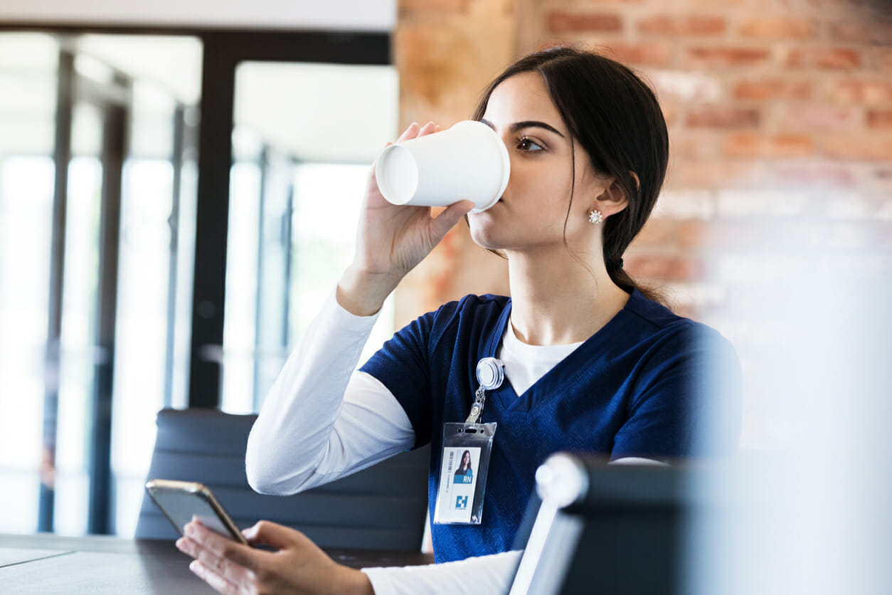 nurse drinking coffee coming off night shift