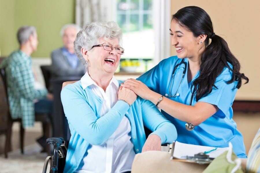 a nurse and patient at skilled nursing facility