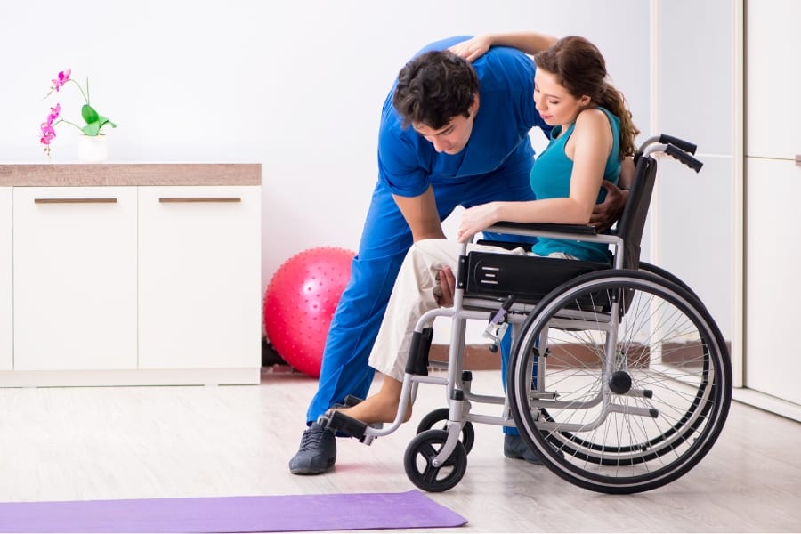 post-surgery patient in a wheelchair